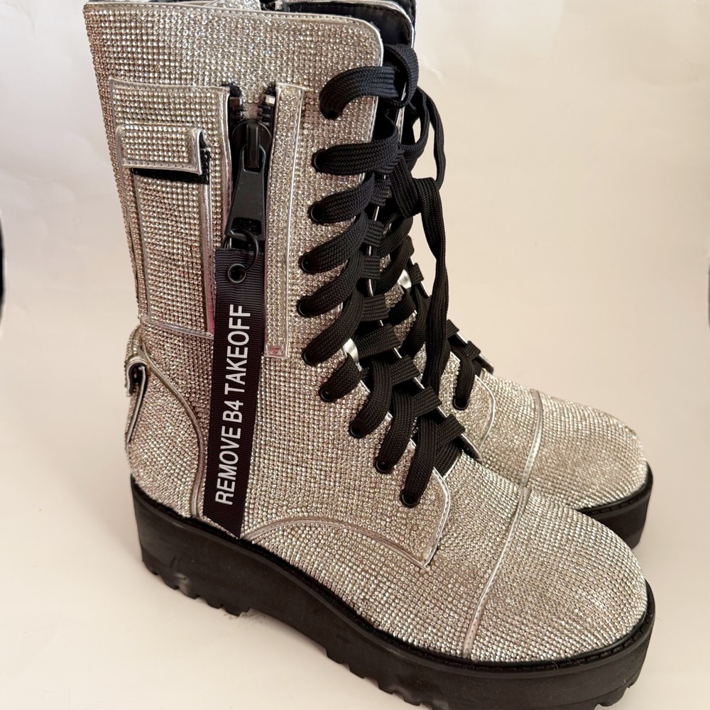 Poster Girl Dolls Kill Billionaire Bling Rhinestone Combat Boots Size 8 - Picture 1 of 10